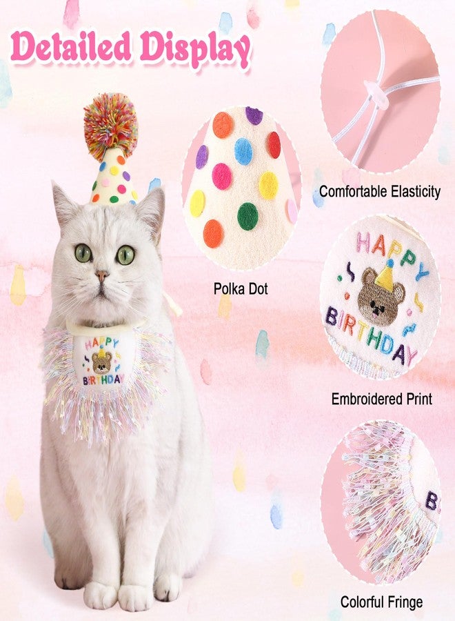 Kunyeah 2Pcs Pet Happy Birthday Hat Scarf Set Puppy Princess Costumes Cute Cat Bandana Outfit Dog Cone Hat wtih Pom-pom Colorful Lace Bib Collar Pet Birthday Decorations Party Supplies (Colorful) - Image 3